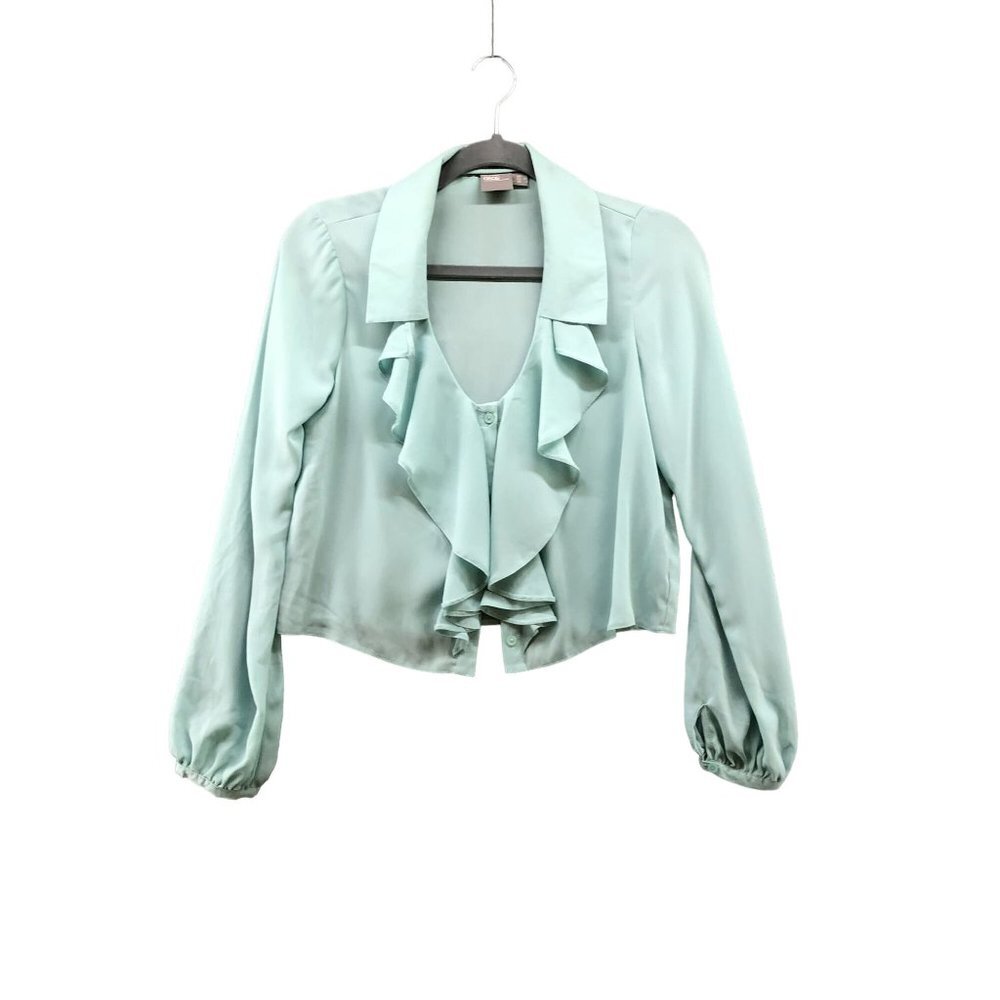 Asos Long Sleeve Chiffon‎ Blouse Womens 0 (XS) Blue Ruffle V-Neck Button Front